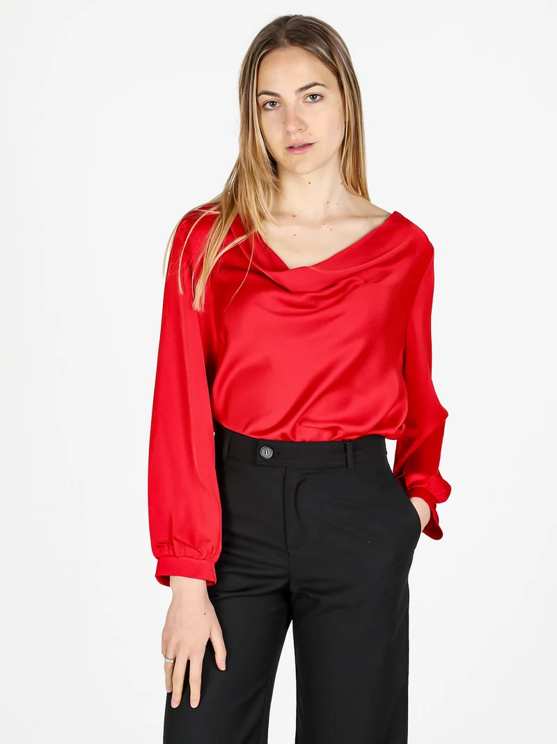 Blusa donna a maniche lunghe con scollo a cascata - rosso