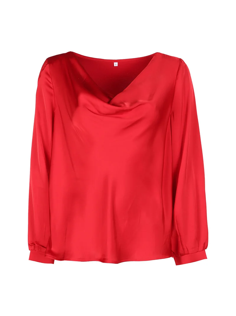 Blusa donna a maniche lunghe con scollo a cascata - rosso