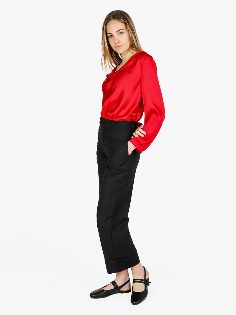 Blusa donna a maniche lunghe con scollo a cascata - rosso