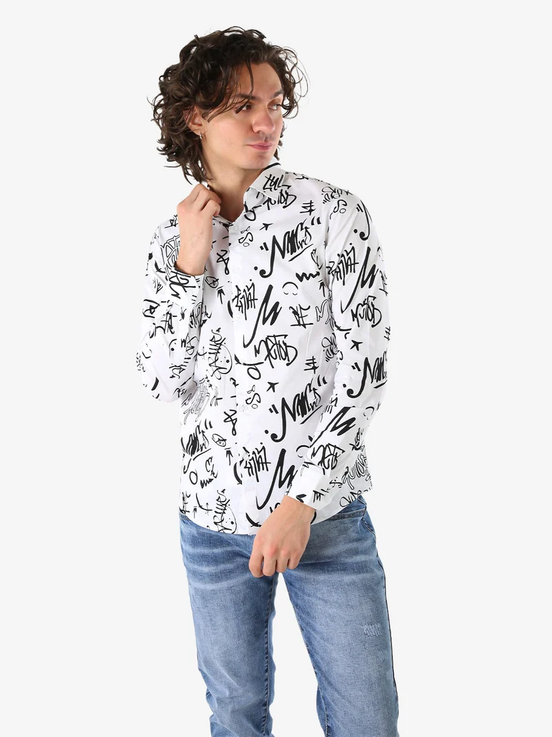 Camicia da uomo in cotone a maniche lunghe con stampe - bianco
