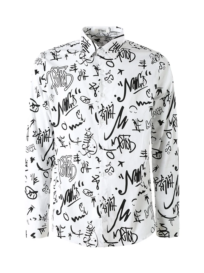 Camicia da uomo in cotone a maniche lunghe con stampe - bianco