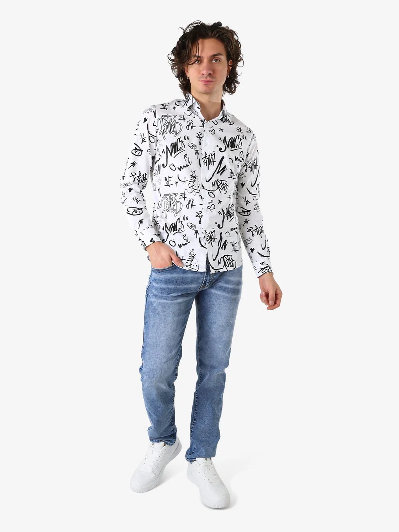 Camicia da uomo in cotone a maniche lunghe con stampe - bianco