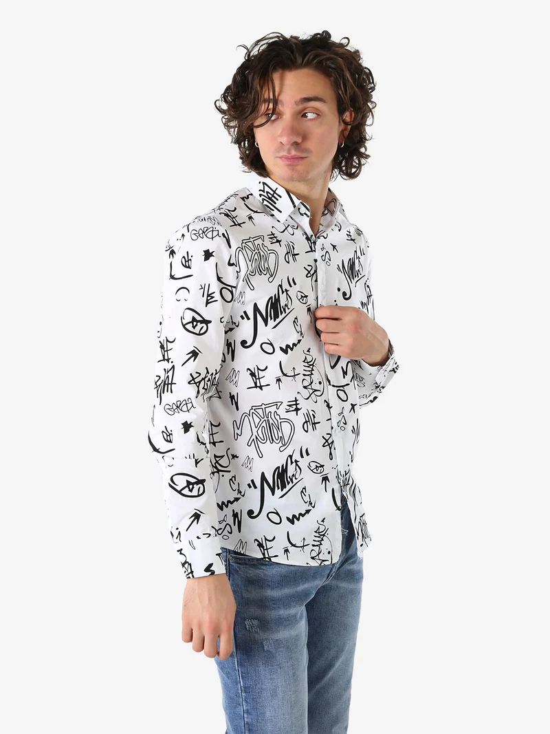 Camicia da uomo in cotone a maniche lunghe con stampe - bianco