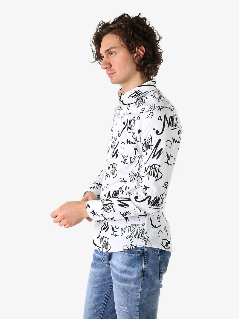 Camicia da uomo in cotone a maniche lunghe con stampe - bianco