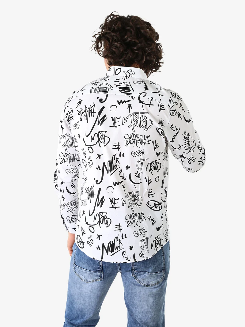 Camicia da uomo in cotone a maniche lunghe con stampe - bianco