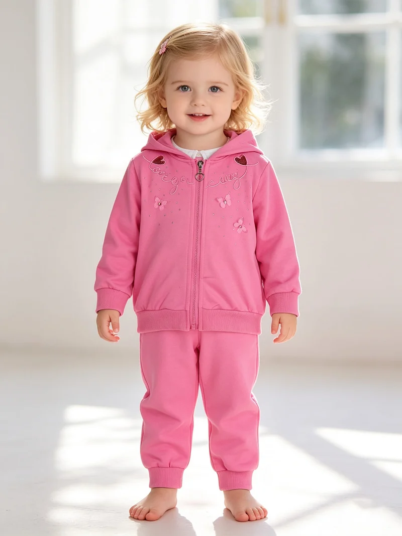 Completo tuta 3 pezzi da neonata con cappuccio e zip - fucsia