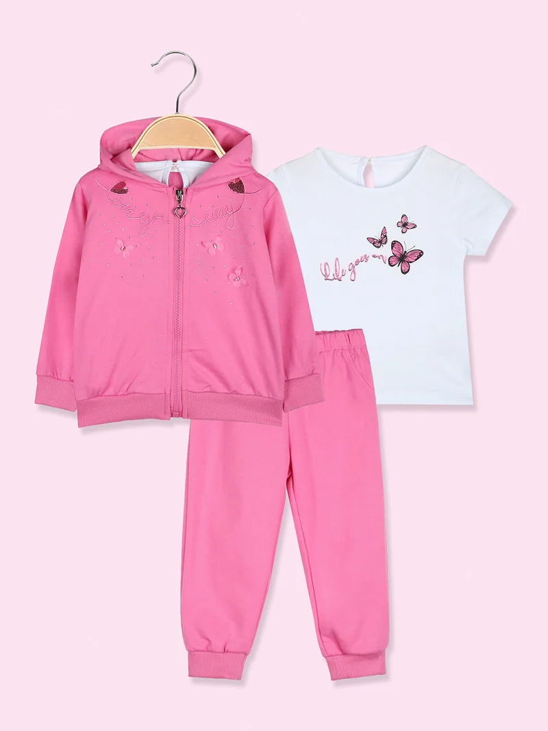 Completo tuta 3 pezzi da neonata con cappuccio e zip - fucsia