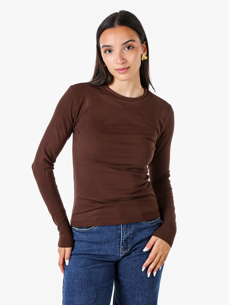 T-shirt girocollo da donna a maniche lunghe con interno spazzolato - moro