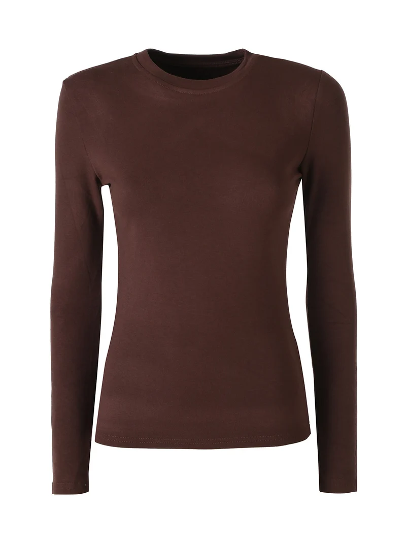 T-shirt girocollo da donna a maniche lunghe con interno spazzolato - moro