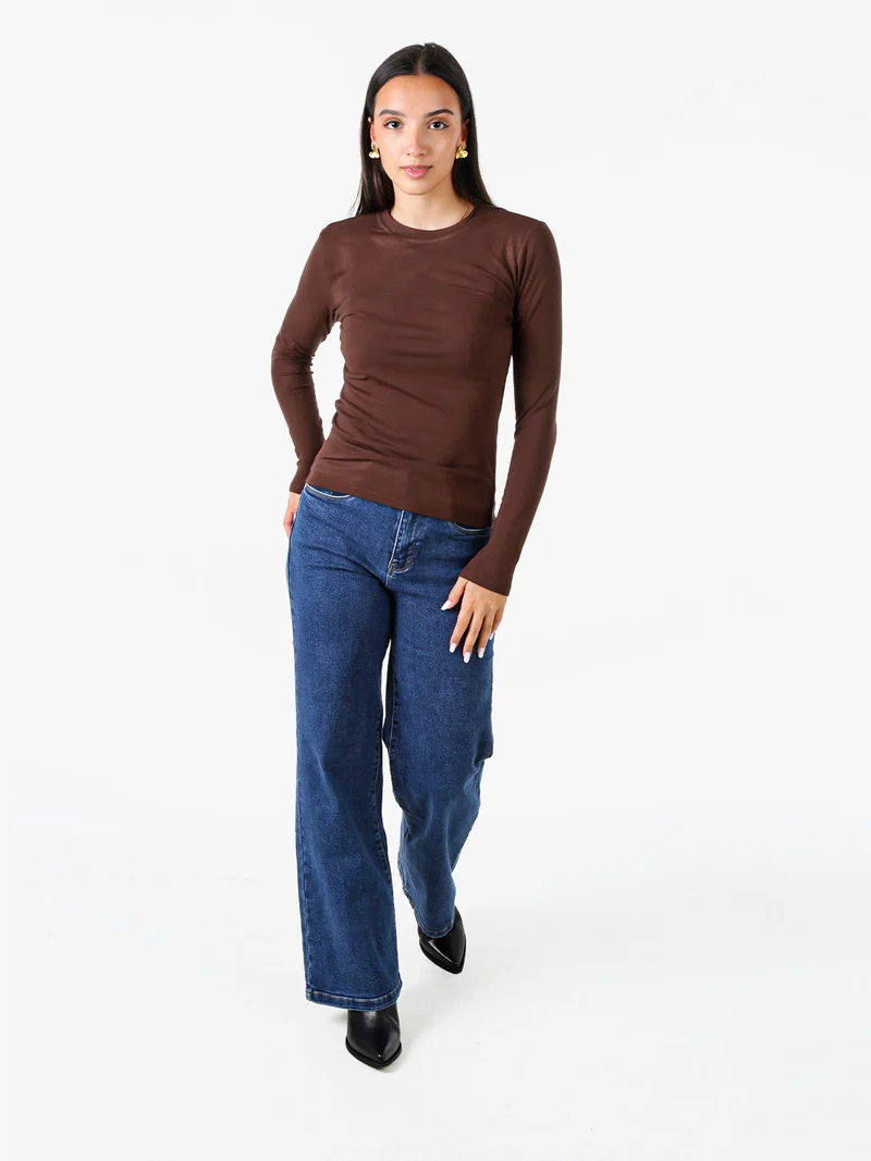 T-shirt girocollo da donna a maniche lunghe con interno spazzolato - moro