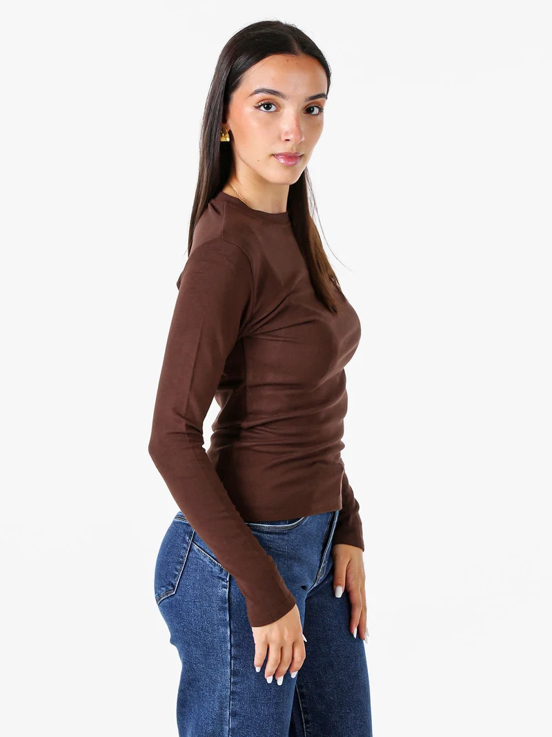 T-shirt girocollo da donna a maniche lunghe con interno spazzolato - moro
