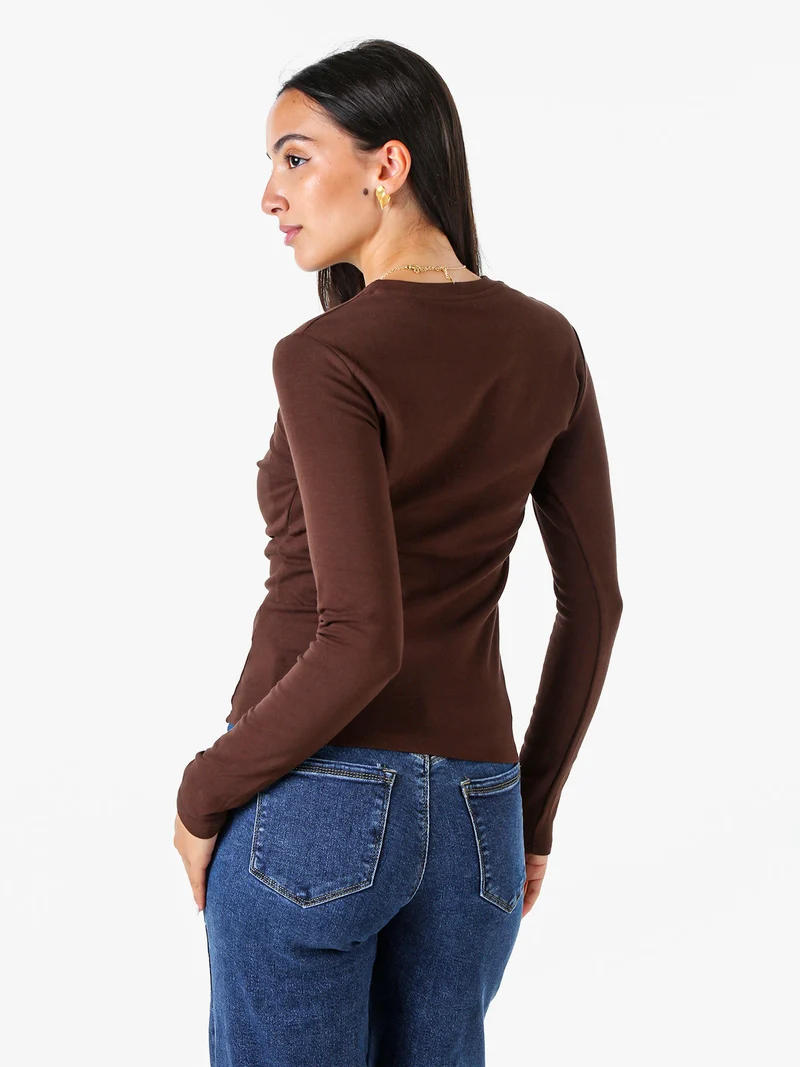T-shirt girocollo da donna a maniche lunghe con interno spazzolato - moro