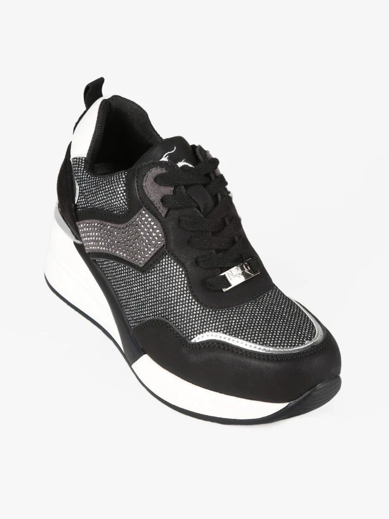 Sneakers donna con zeppa e strass - nero