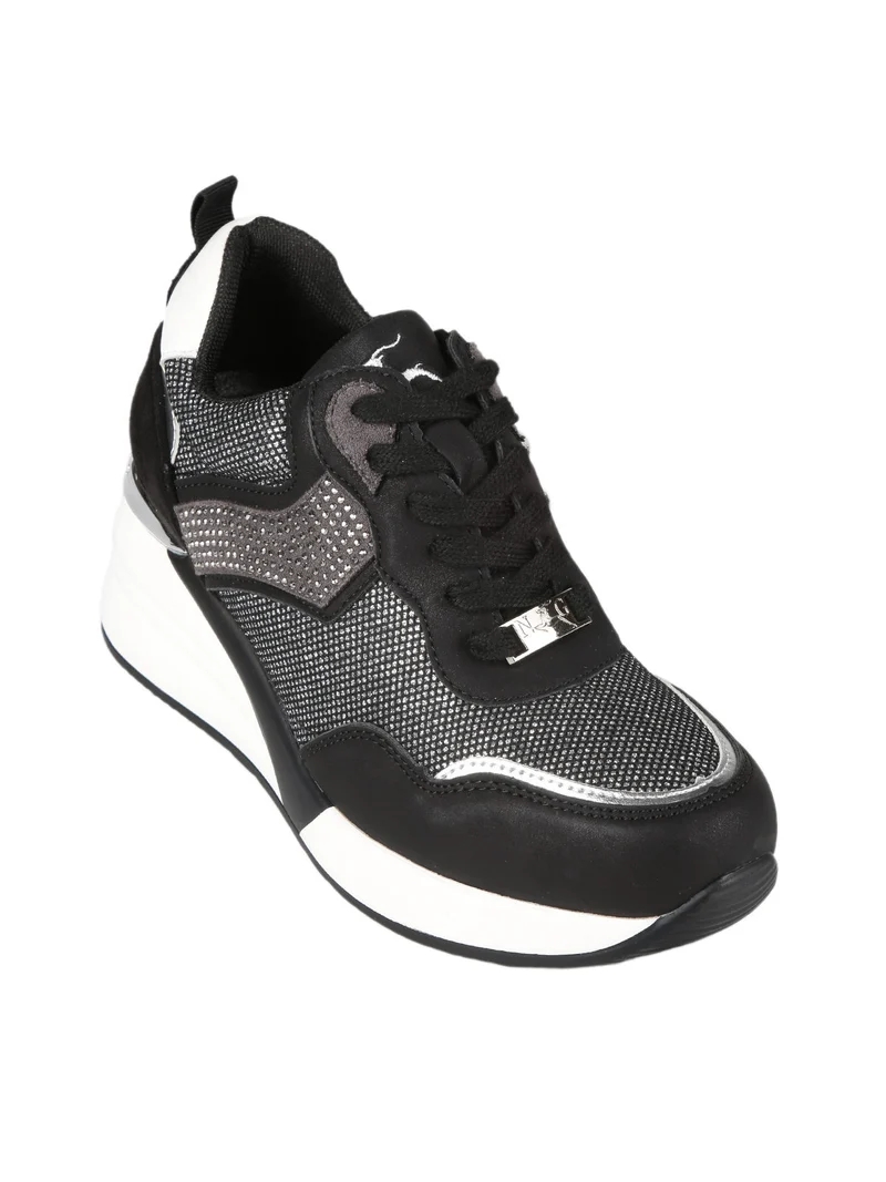 Sneakers donna con zeppa e strass - nero