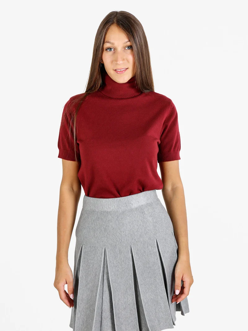 Maglia donna dolcevita a maniche corte - bordeaux