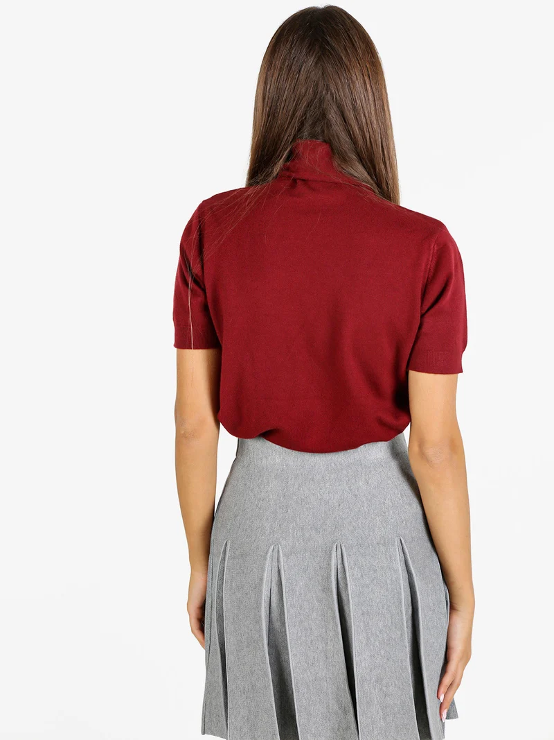 Maglia donna dolcevita a maniche corte - bordeaux