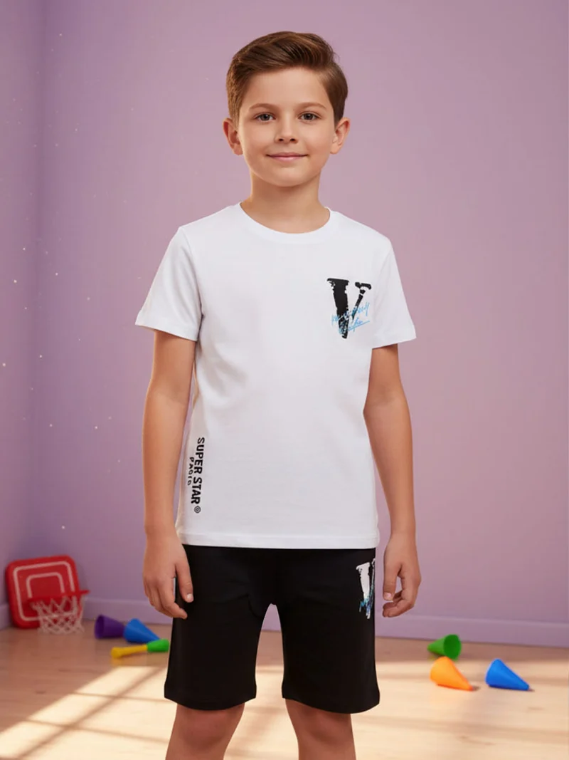 Completo corto da ragazzo in cotone 2 pezzi con stampa davanti e dietro - bianco