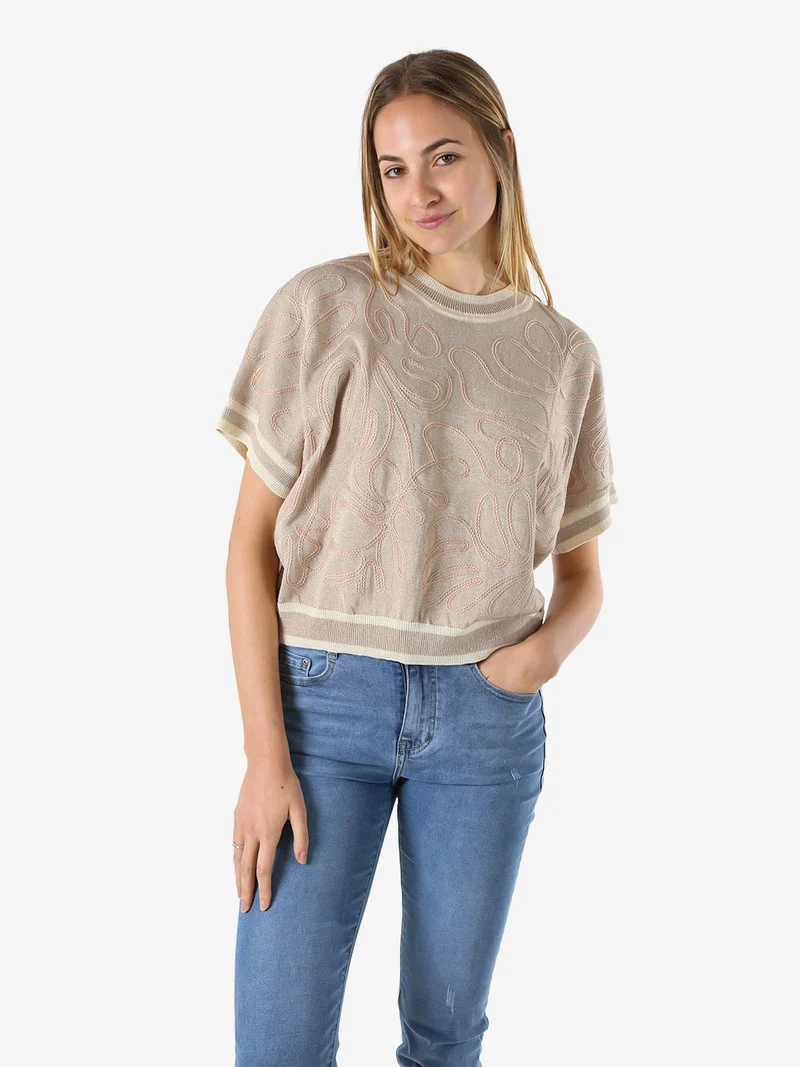 Maglia donna in lurex a maniche corte con ricami - khaki