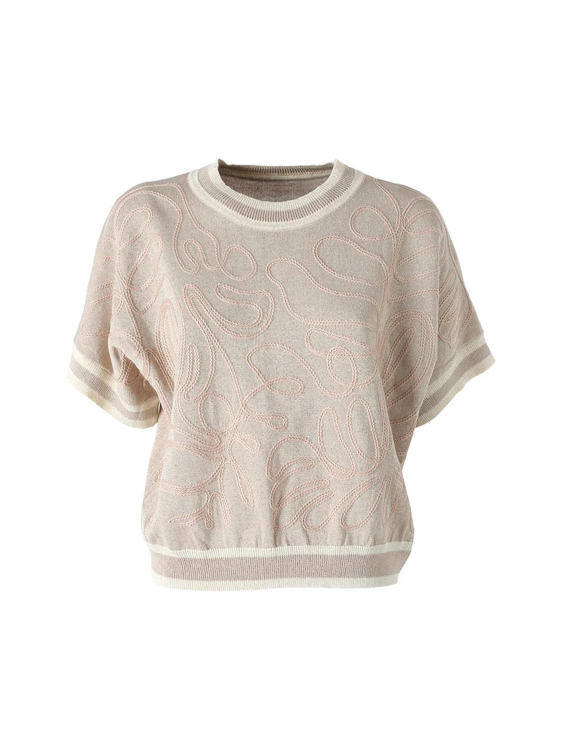 Maglia donna in lurex a maniche corte con ricami - khaki