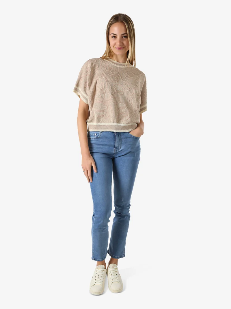 Maglia donna in lurex a maniche corte con ricami - khaki