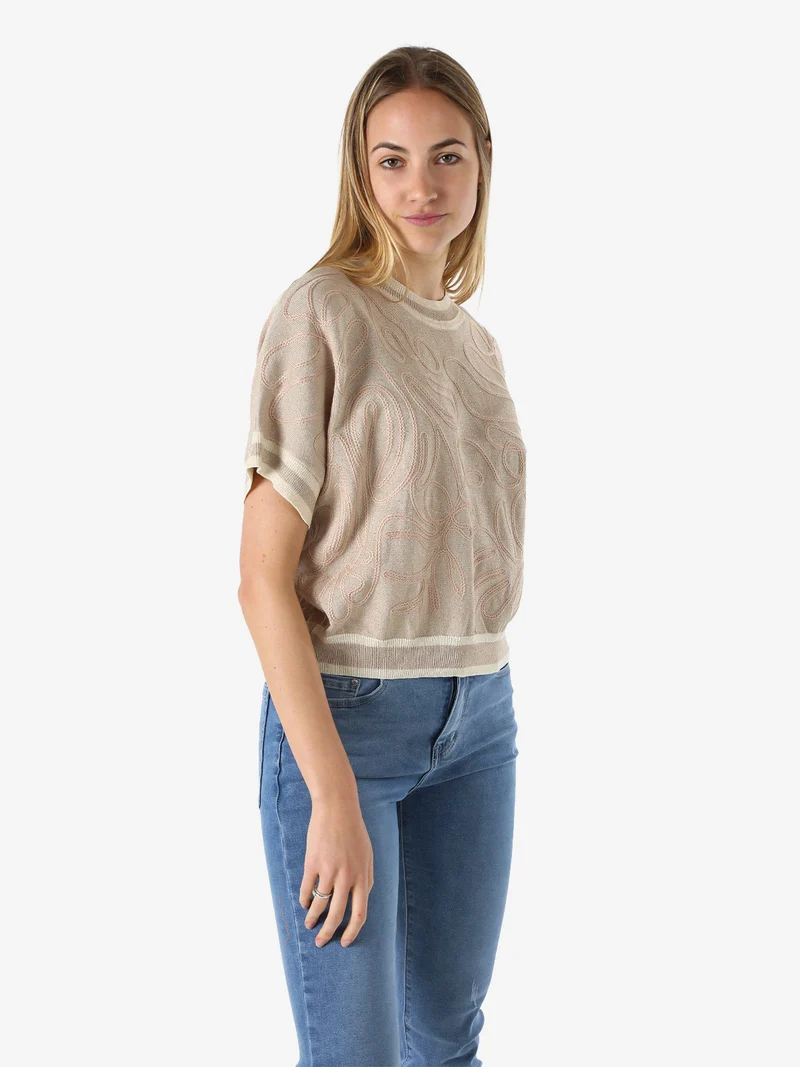 Maglia donna in lurex a maniche corte con ricami - khaki