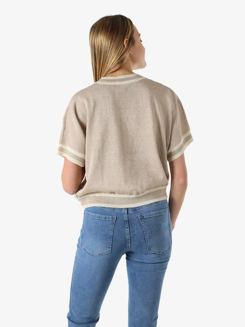 Maglia donna in lurex a maniche corte con ricami - khaki