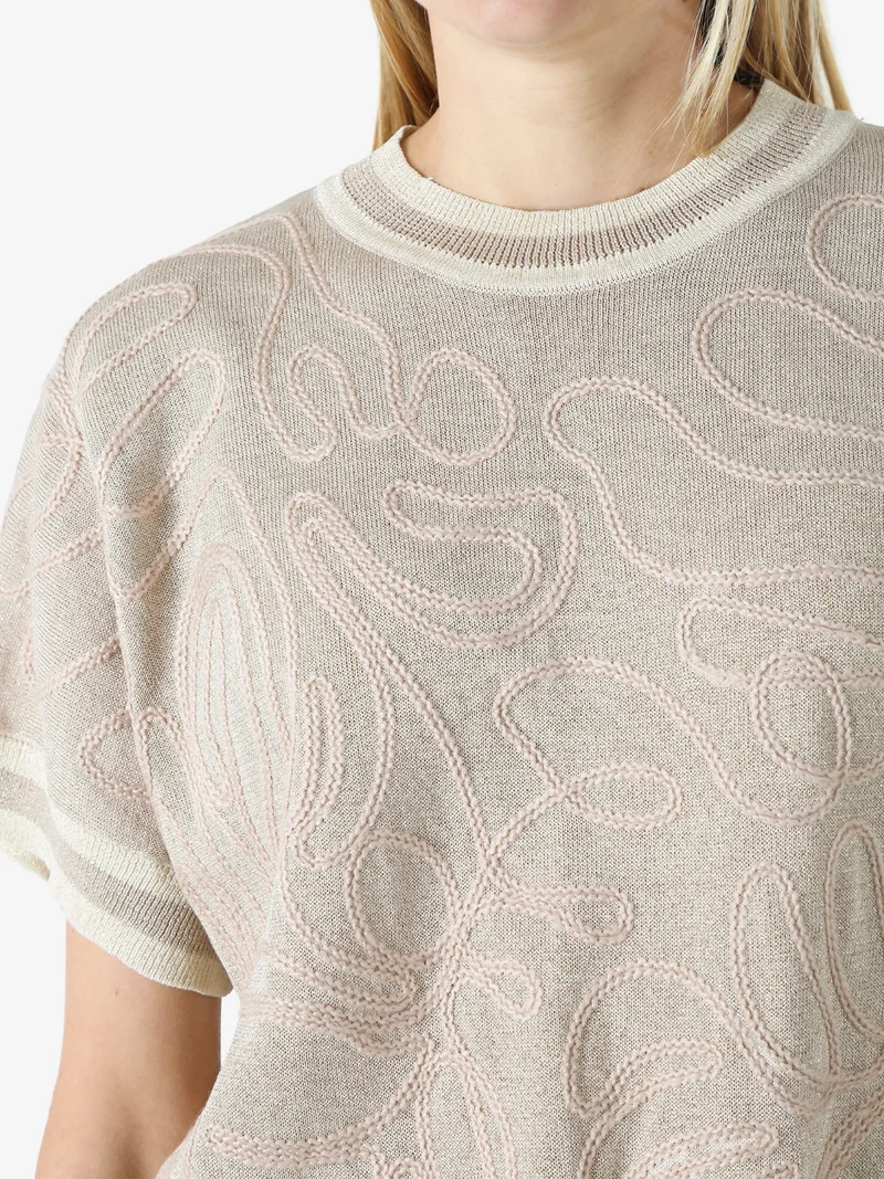 Maglia donna in lurex a maniche corte con ricami - khaki