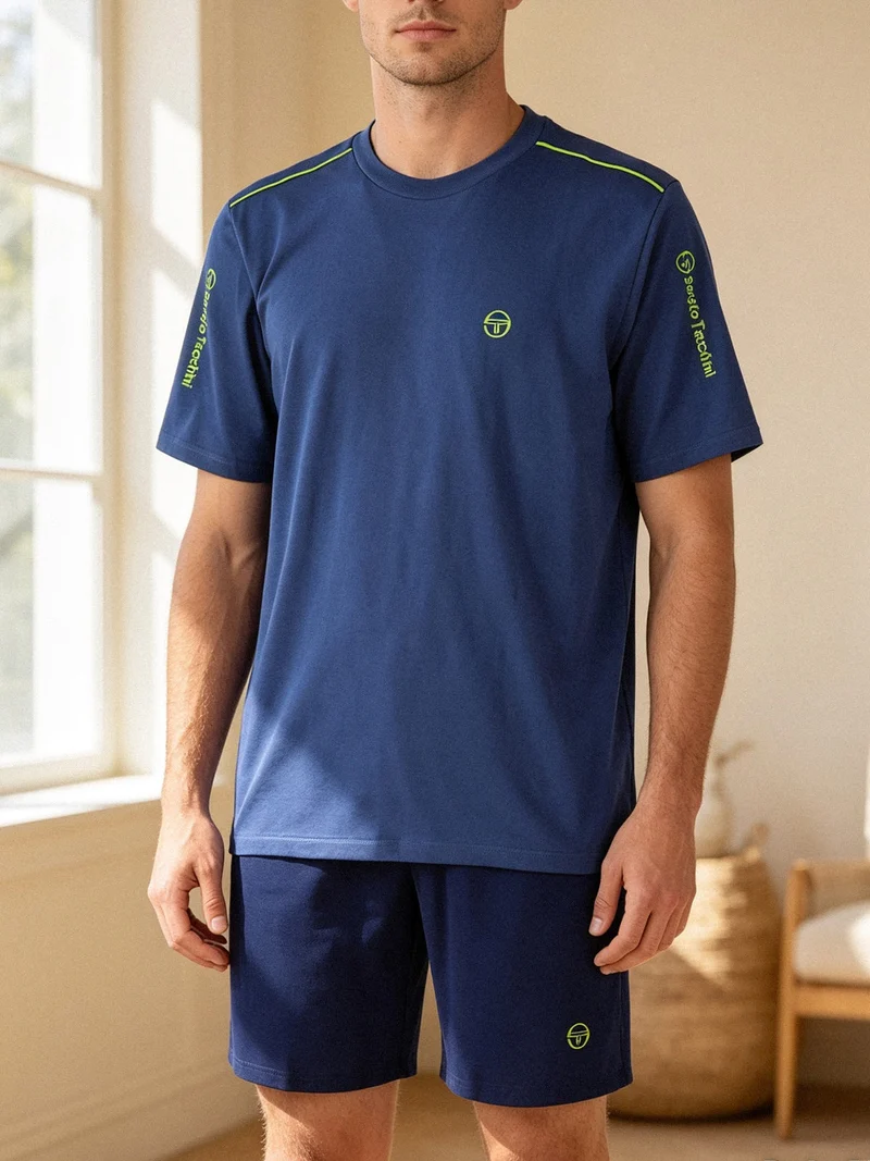 Completo corto da uomo in cotone con t-shirt e bermuda - blu