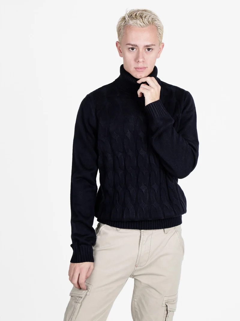 Maglione dolcevita da uomo a trecce - blu scuro