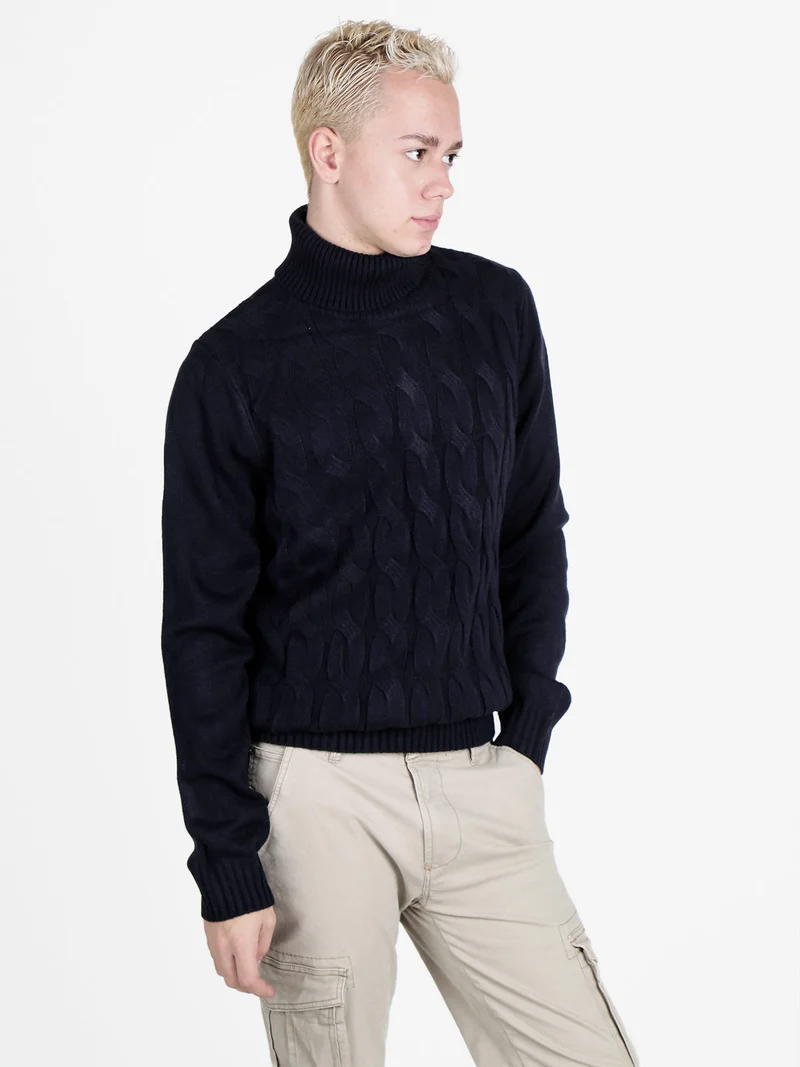 Maglione dolcevita da uomo a trecce - blu scuro
