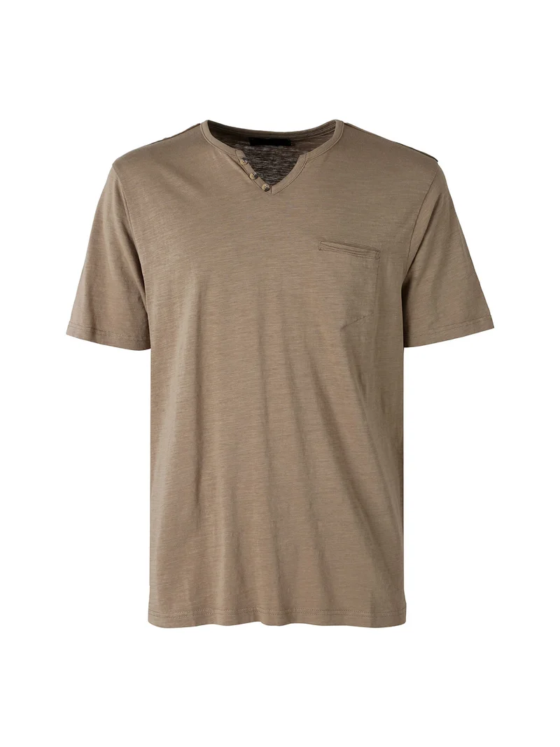 T-shirt da uomo in cotone con scollo V e taschino - taupe