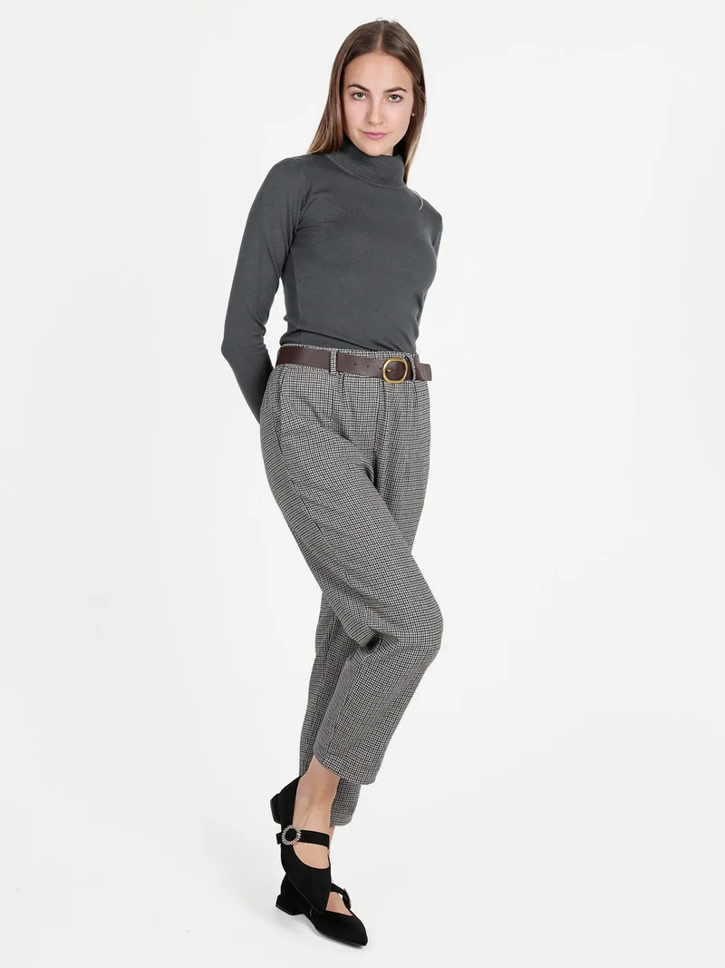 Pantaloni scozzesi da donna con cintura - grigio
