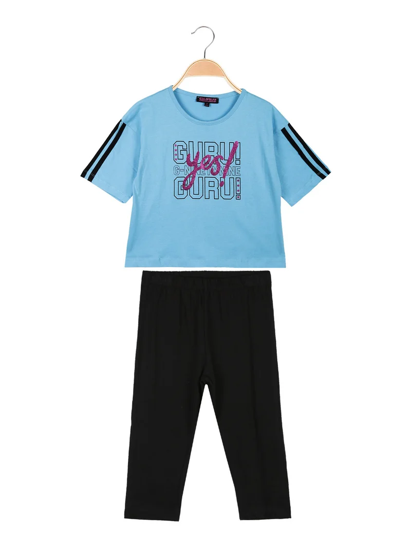 Completo corto da bambina con leggings 3/4 - azzurro