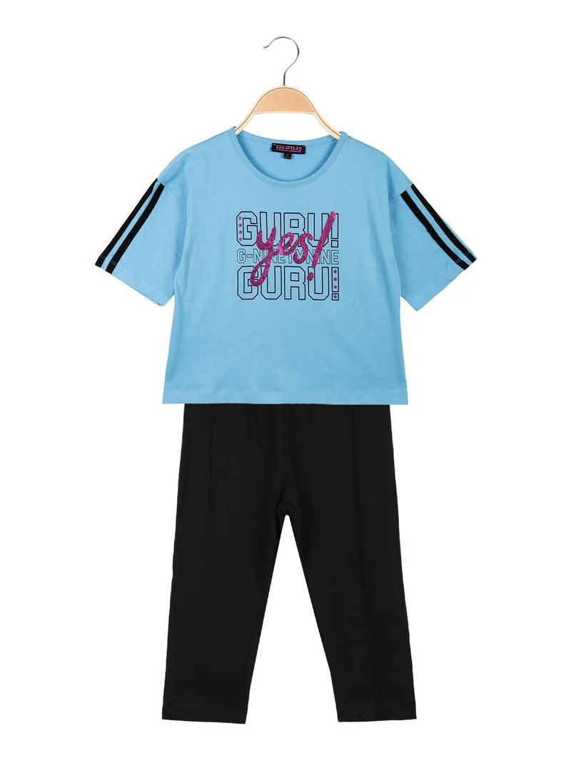 Completo corto da bambina con leggings 3/4 - azzurro