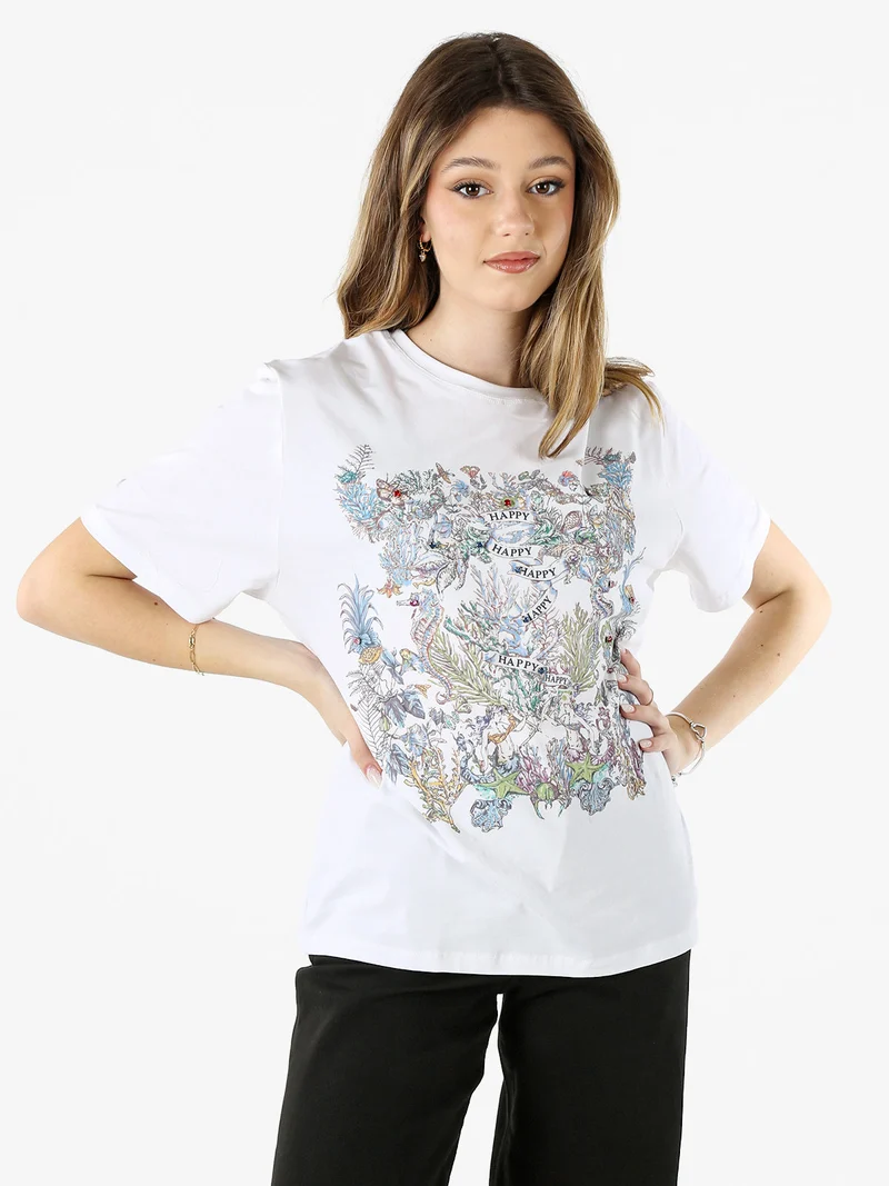 T-shirt girocollo da donna in cotone con stampe e strass - bianco