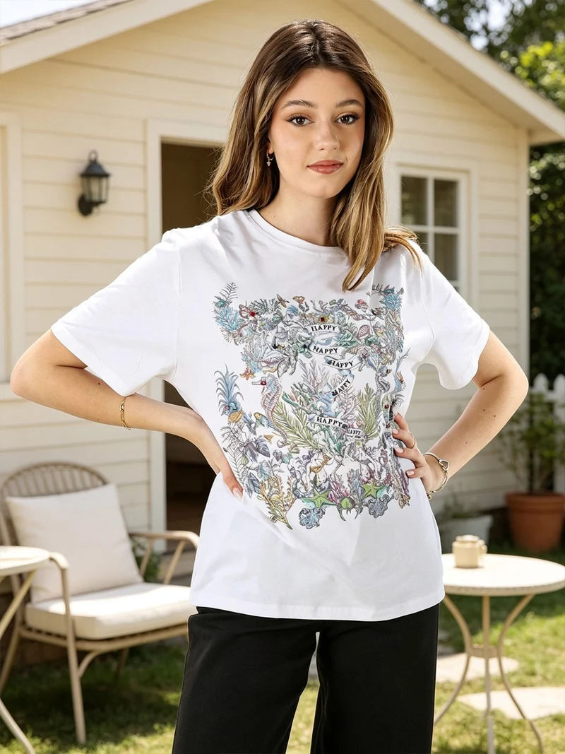T-shirt girocollo da donna in cotone con stampe e strass - bianco