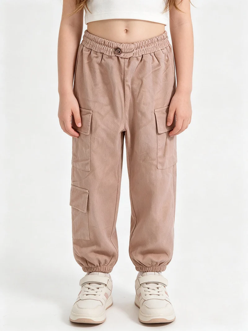 Pantaloni da bambina in velluto con tasconi laterali - khaki
