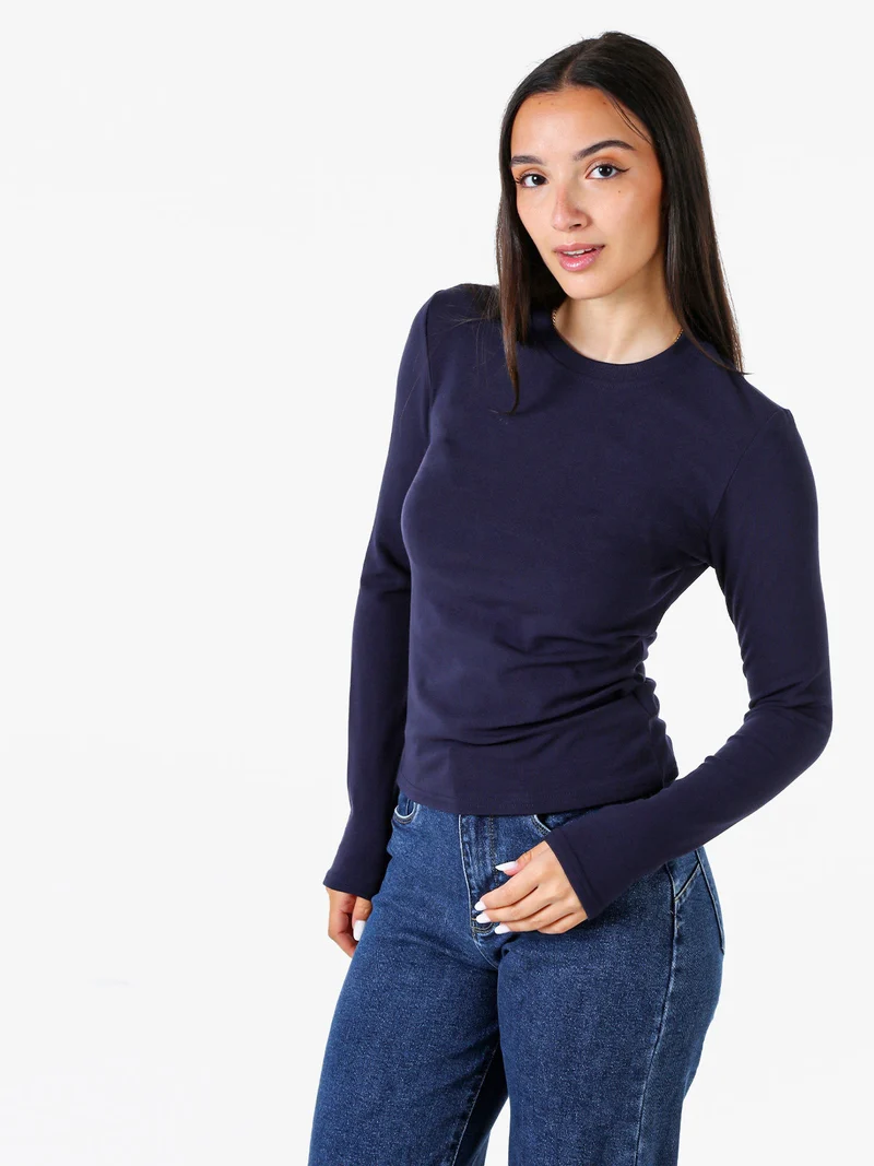 T-shirt girocollo da donna a maniche lunghe con interno spazzolato - blu scuro