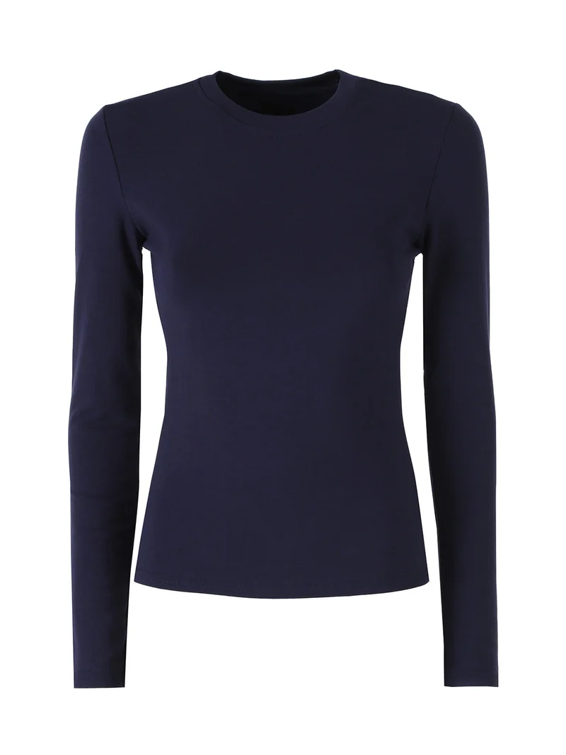 T-shirt girocollo da donna a maniche lunghe con interno spazzolato - blu scuro