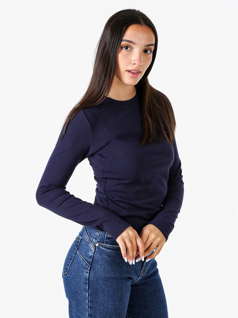 T-shirt girocollo da donna a maniche lunghe con interno spazzolato - blu scuro