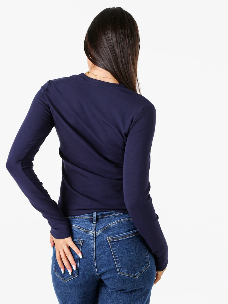 T-shirt girocollo da donna a maniche lunghe con interno spazzolato - blu scuro