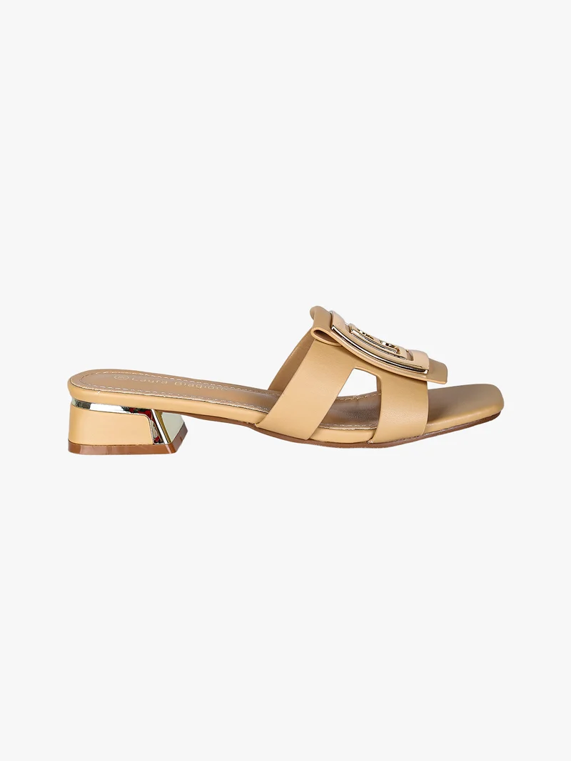 ciabatte donna in vernice con tacco basso e fascia decorativa con logo - nudo