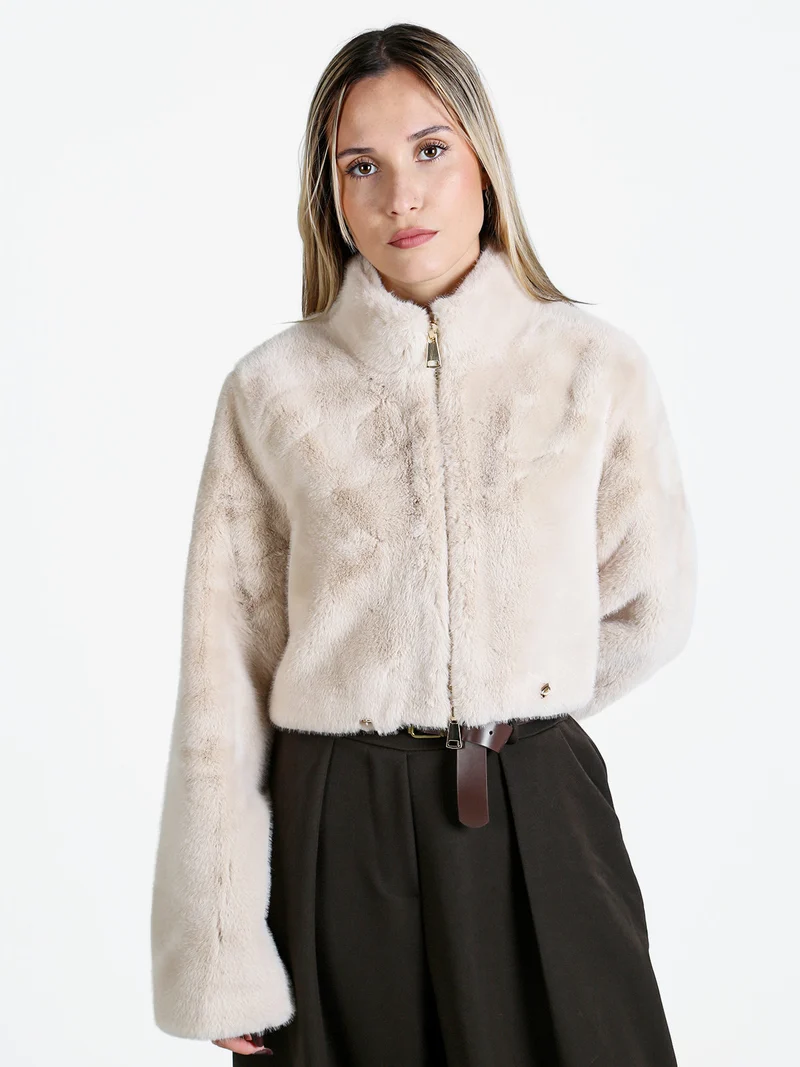 Giacca donna cropped in pelliccia sintetica con coulisse - beige