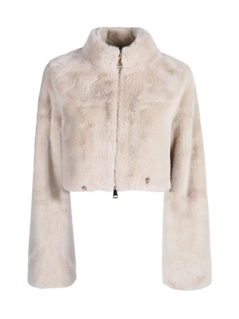 Giacca donna cropped in pelliccia sintetica con coulisse - beige