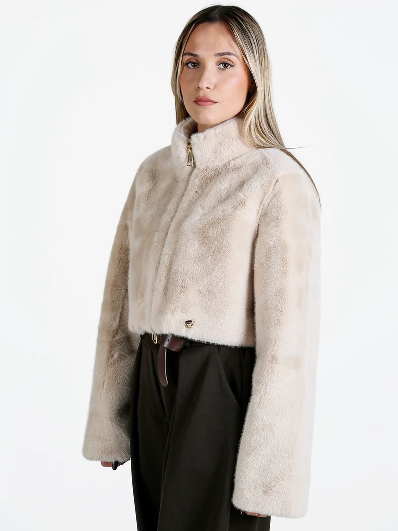Giacca donna cropped in pelliccia sintetica con coulisse - beige