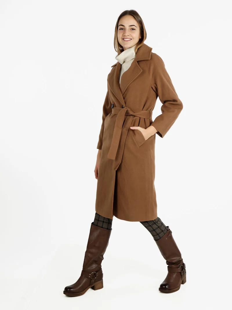 Cappotto lungo da donna a doppiopetto misto lana - cammello