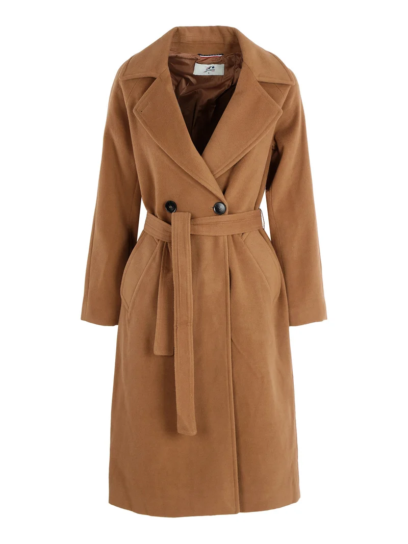 Cappotto lungo da donna a doppiopetto misto lana - cammello