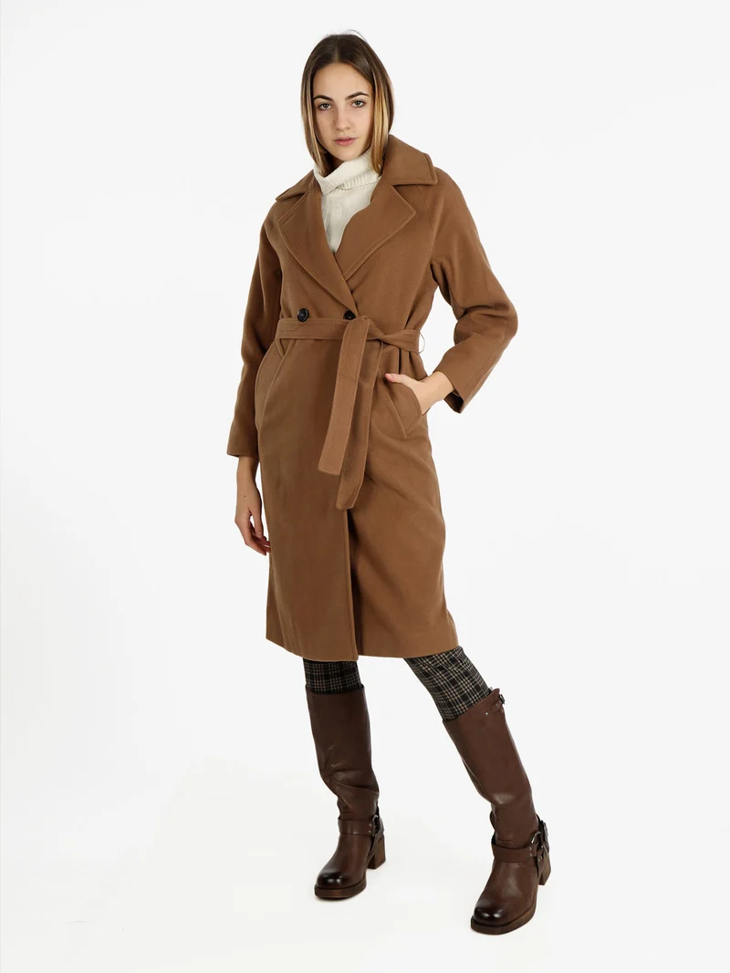 Cappotto lungo da donna a doppiopetto misto lana - cammello