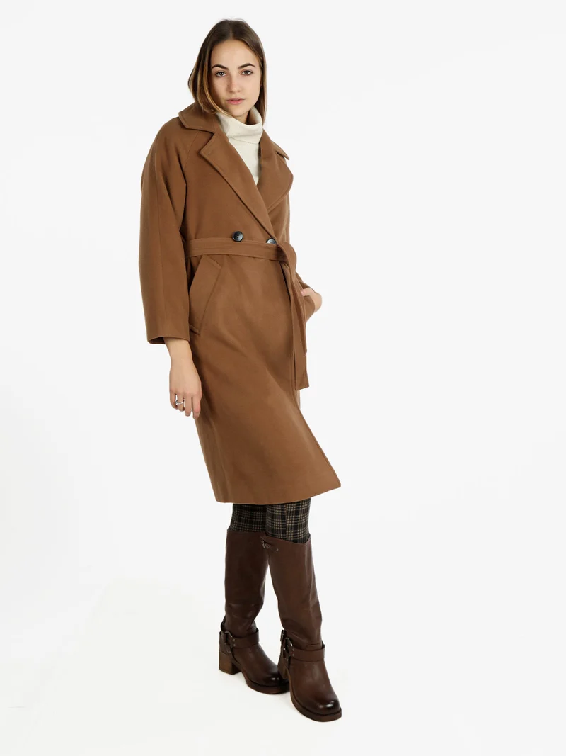 Cappotto lungo da donna a doppiopetto misto lana - cammello