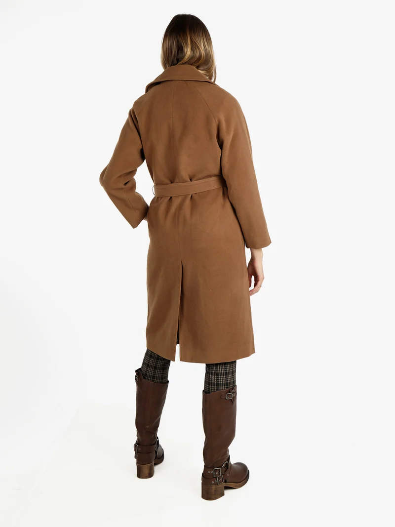 Cappotto lungo da donna a doppiopetto misto lana - cammello